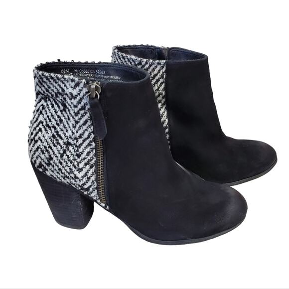 bp | Leather and Herringbone Knit Side Zip Heeled Ankle Trolley Booties - Picture 1 of 10